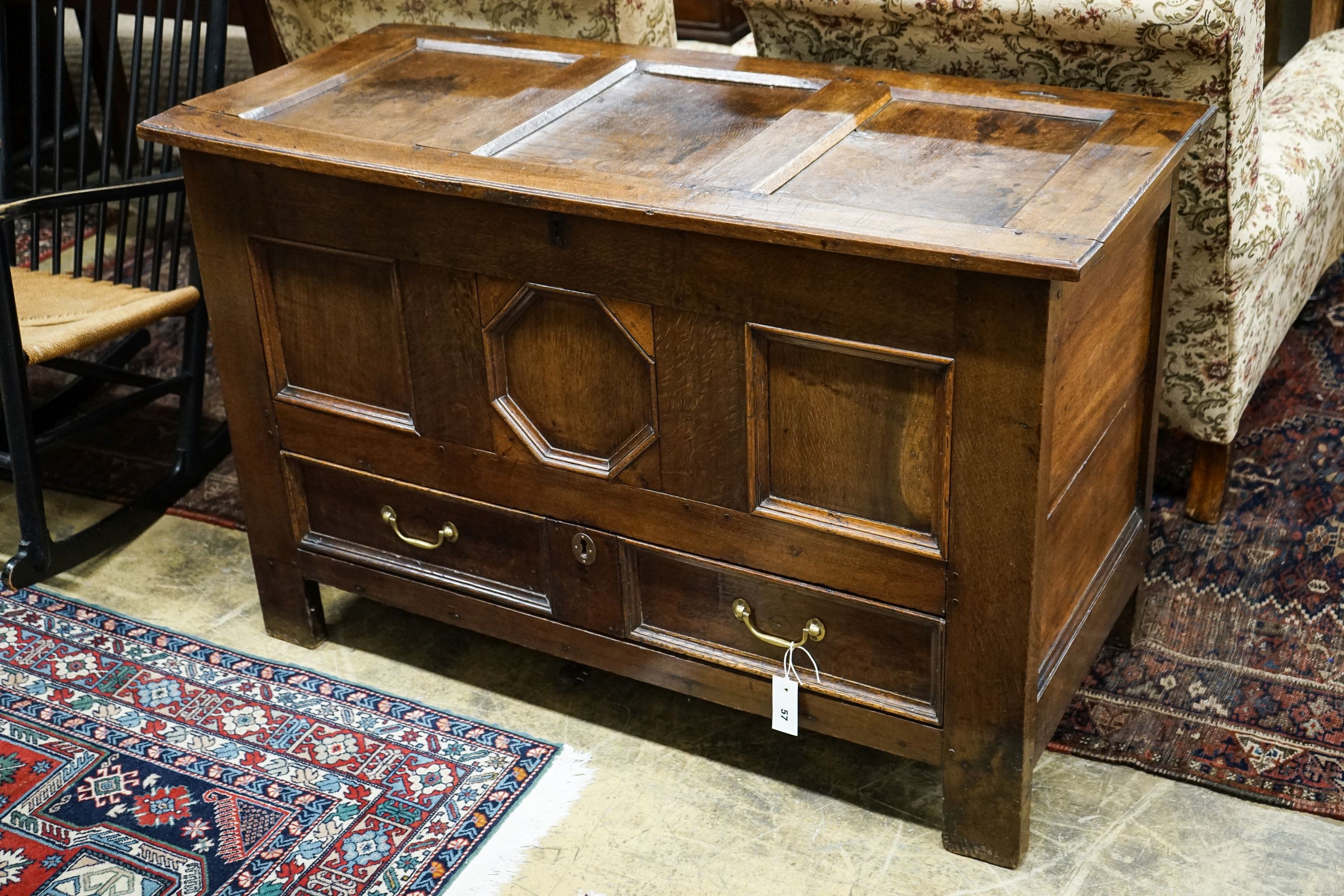 A William and Mary oak mule chest, length 122cm, depth 54cm, height 78cm